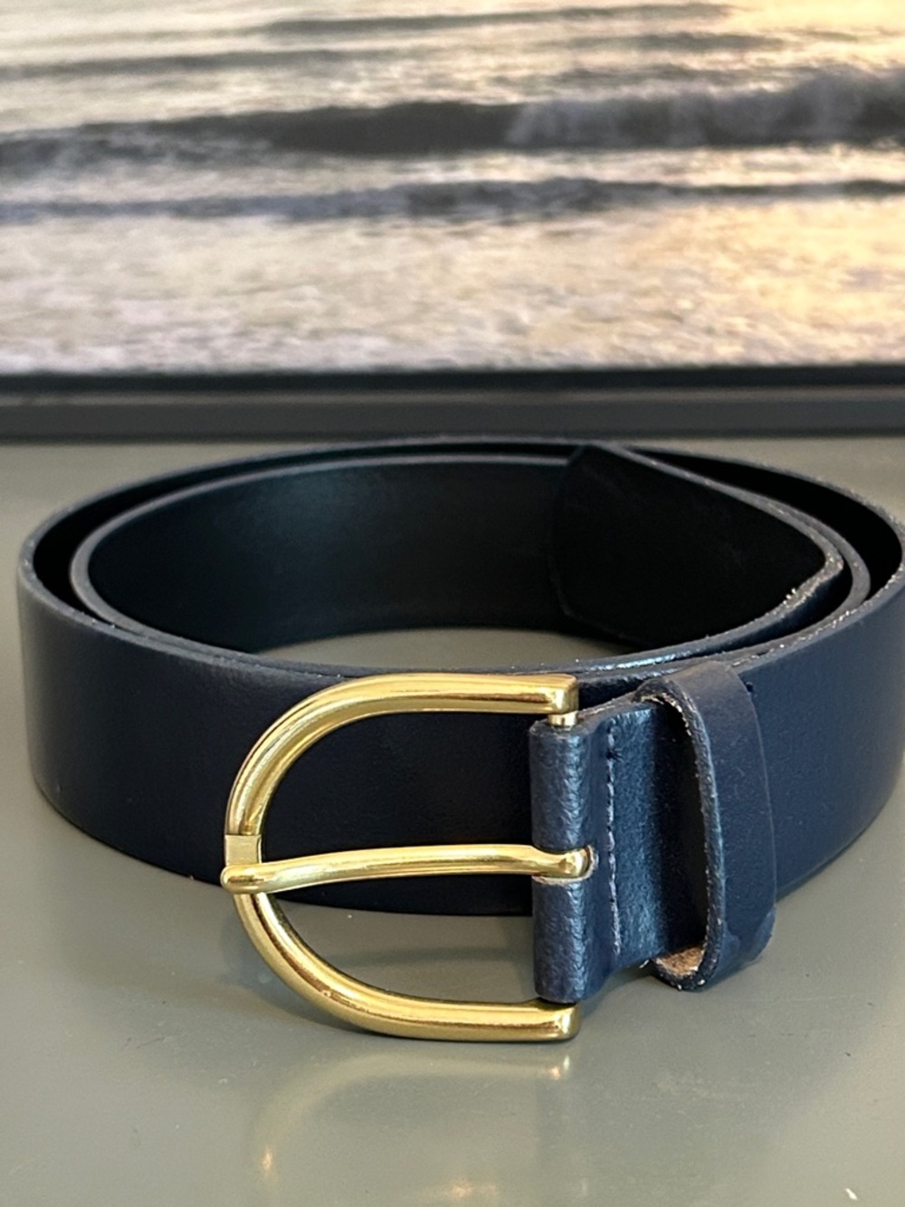 Ann Taylor Navy Italian Leather Belt with Gold tone hardware.